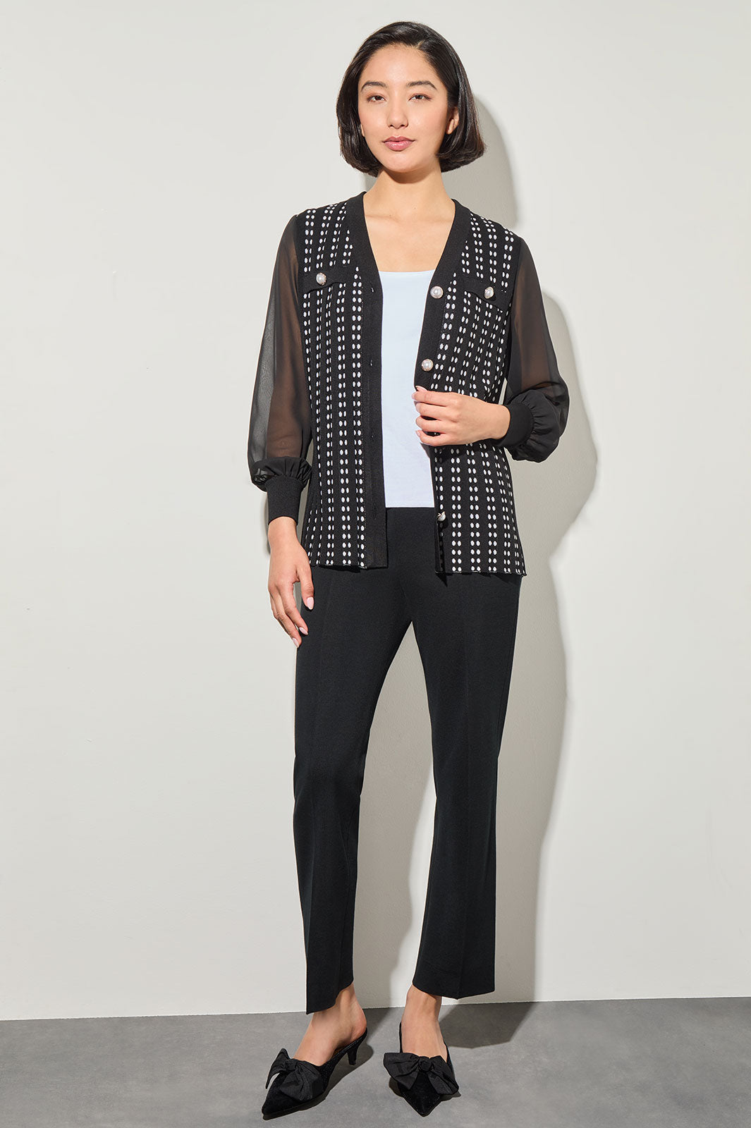 Button-Front Chiffon and Tweed Mixed-Media Cardigan