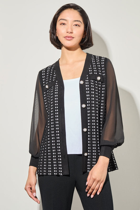 Button-Front Chiffon and Tweed Mixed-Media Cardigan