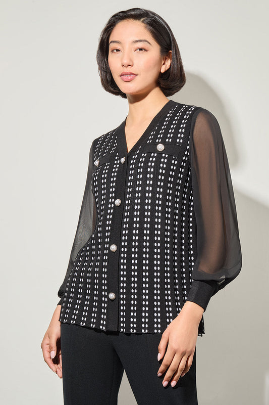 Button-Front Chiffon and Tweed Mixed-Media Cardigan | Ming Wang