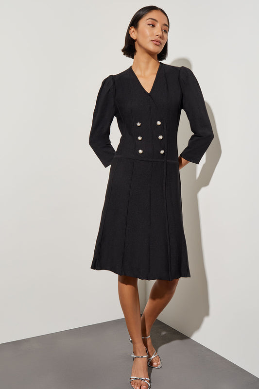 Knee Length A-Line Dress - Faux Wrap Soft Knit | Ming Wang