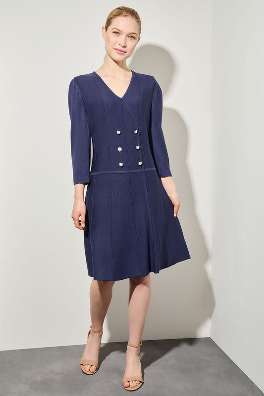 Knee Length A-Line Dress - Faux Wrap Soft Knit, Regatta | Ming Wang