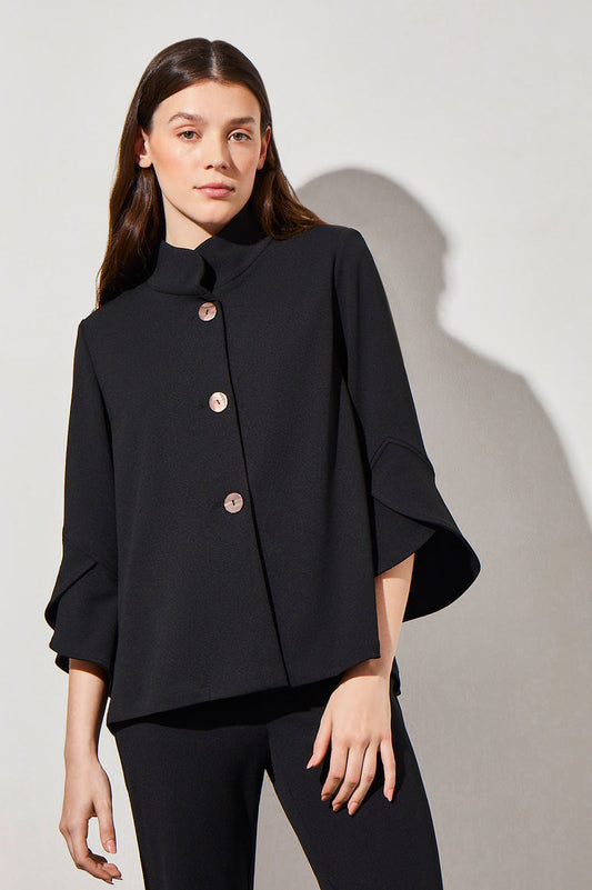 Button-Front Bell Sleeve Deco Crepe Jacket, Black | Ming Wang