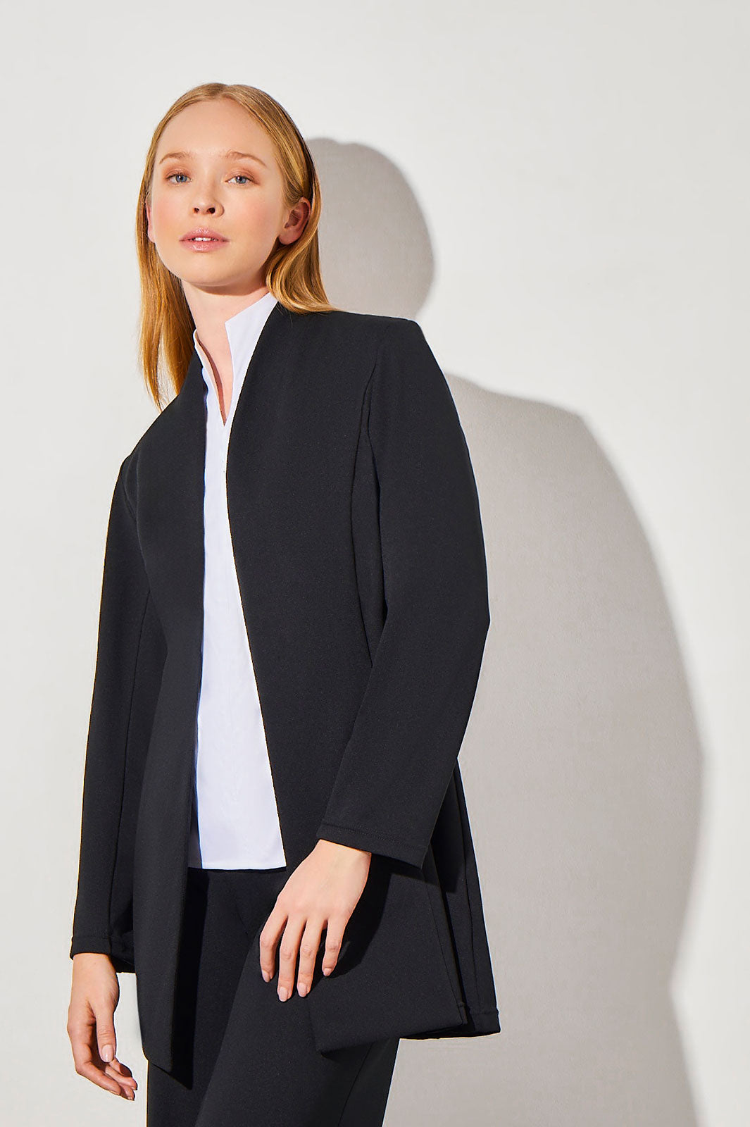Modified Mandarin Collar Open Front Deco Crepe Jacket