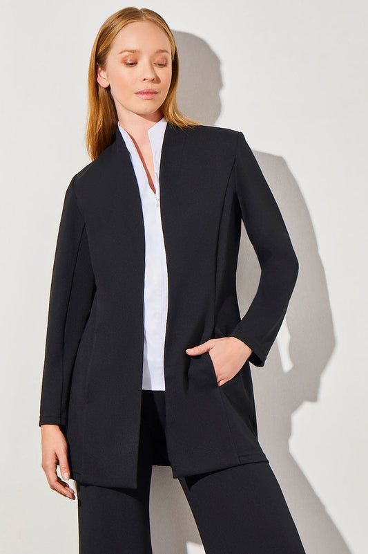 Mandarin Collar Open Front Deco Crepe Jacket | Ming Wang