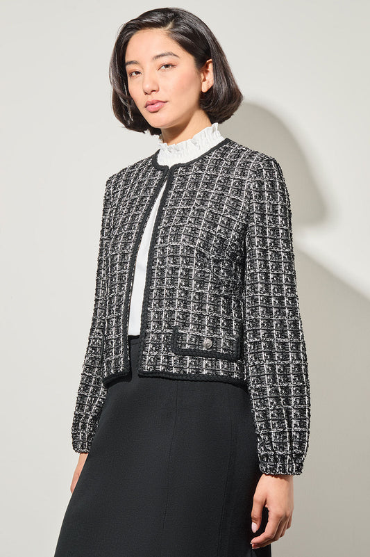 Cropped Open Front Jacket - Tweed Knit, Black | Ming Wang