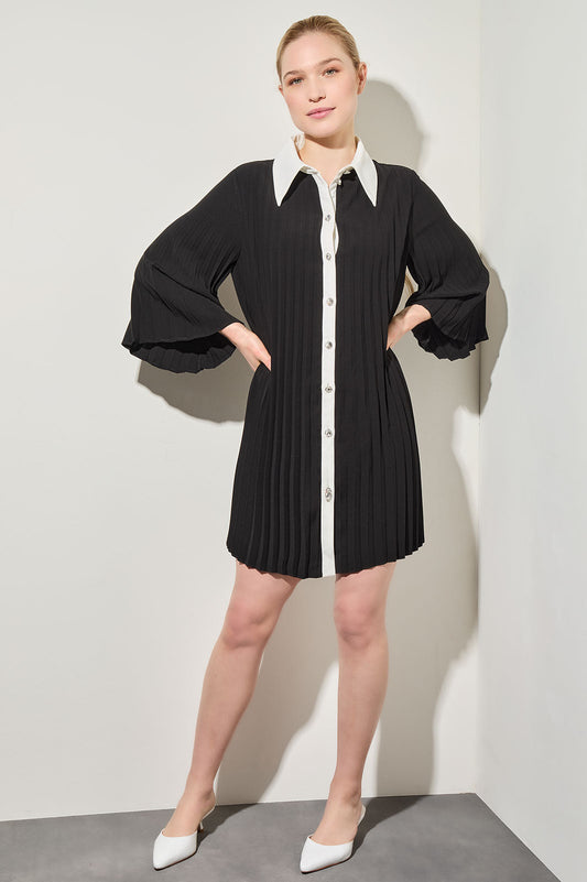 Mini Pleated Shift Dress - Contrast Trim Crepe de Chine, Black | Ming Wang