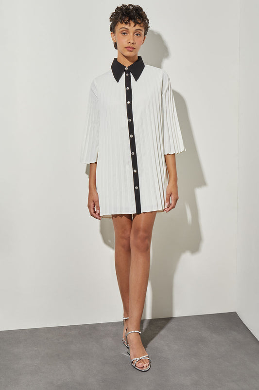 Mini Pleated Shift Dress - Contrast Trim Crepe de Chine | Ming Wang