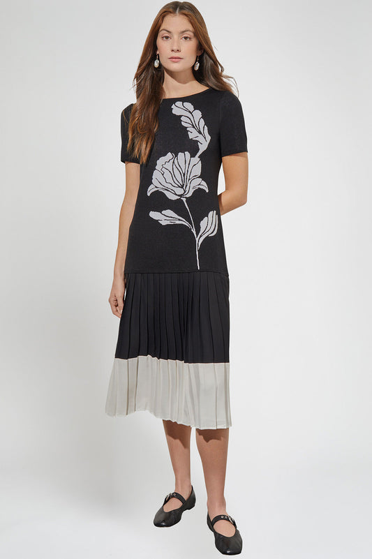 Modern Fit Midi Drop-Waist Dress - Pleated Mixed Media, Black/White | Ming Wang