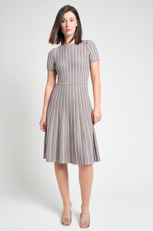 Modern Fit Jewel Neck Striped Flare Soft Knit Dress, Mink/White | Ming Wang